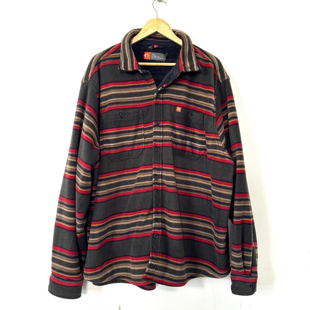 Sherpa Lined Fleece‎ Shirt Jacket The American Outdoorsman Striped Gray XXL Cozy